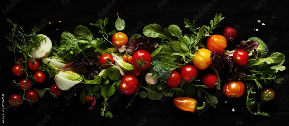 Poster Top view Healthy food Vegetables against a black background. with copy space image. Place for adding text or design