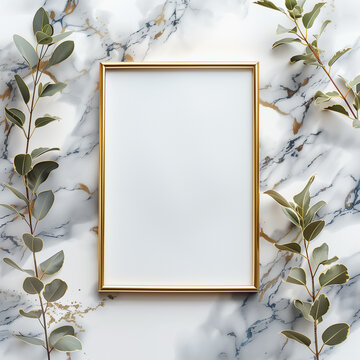 Elegant blank picture frame surrounded by green branches on marble background
