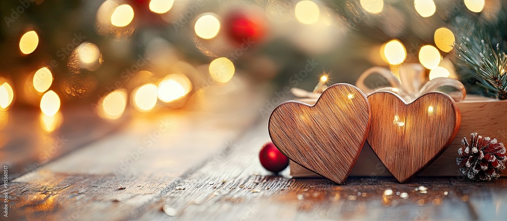 Poster two wooden hearts on a wooden surface with blurred lights and a box of holiday decorations happy val