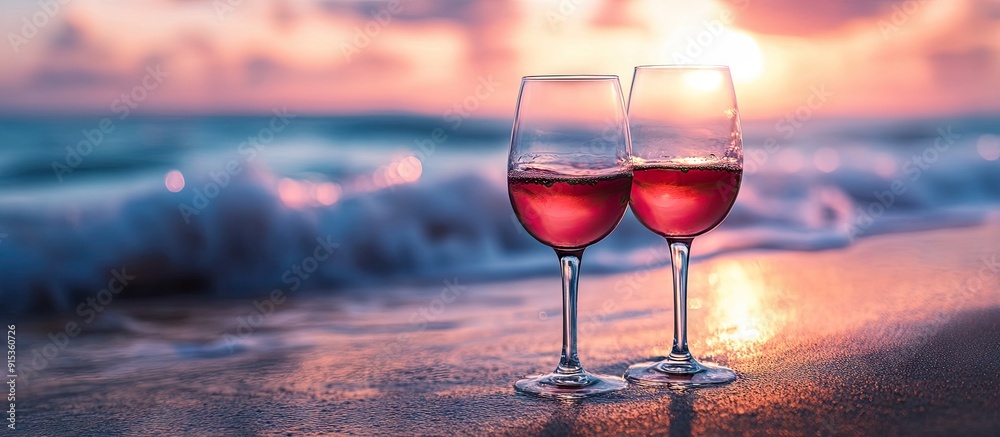 Poster Wine glasses at sunset on a beach Selective focus Nature. with copy space image. Place for adding text or design