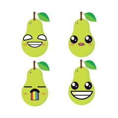 Vector set of cute pear fruit emojis. Isolated on white background. Kawaii cartoon smiling pears.