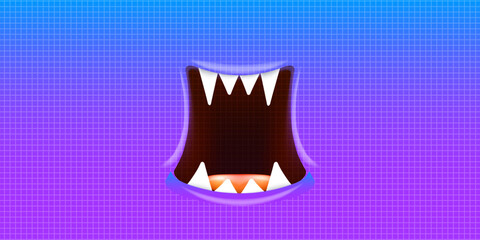 Vector Cartoon wide open monster mouth with fangs isolated on violet background. Funny and cute violet Halloween Monster open mouth with big white teeth and pink tongue