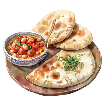 Watercolor of Egyptian Breakfast : Egyptian breakfast includes ful (seasoned beans) and pita bread, breakfast set.