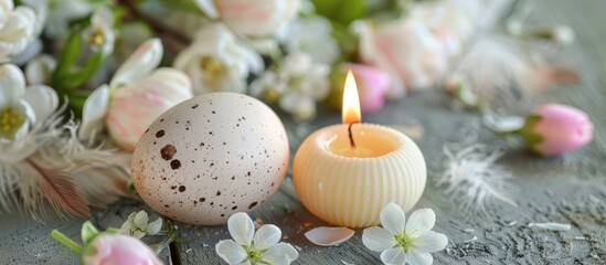 HAPPY EASTER lettering on a greeting card DIY Create it yourself Arrangement of a white eggshell with a candle inside Candlelight Vibrant Easter decorations featuring bird feathers and dried flowers