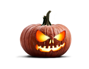 A single lit spooky halloween carved pumpkin, Jack O Lantern with evil face and eyes isolated against a transparent background looking to the right.