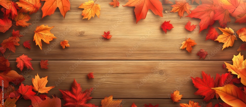 Poster Autumn Leaves on a wooden background. with copy space image. Place for adding text or design