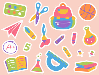 School banner with supplies. Set of school supplies. Vector flat illustration in hand drawn style. Collection of School Stickers. Back to school
