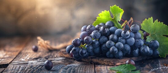 A cluster of fresh black grapes on a wooden table is in selective focus. with copy space image. Place for adding text or design
