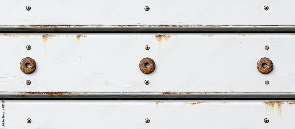 Poster White slat set with rusted screws has stains and cracks. with copy space image. Place for adding text or design