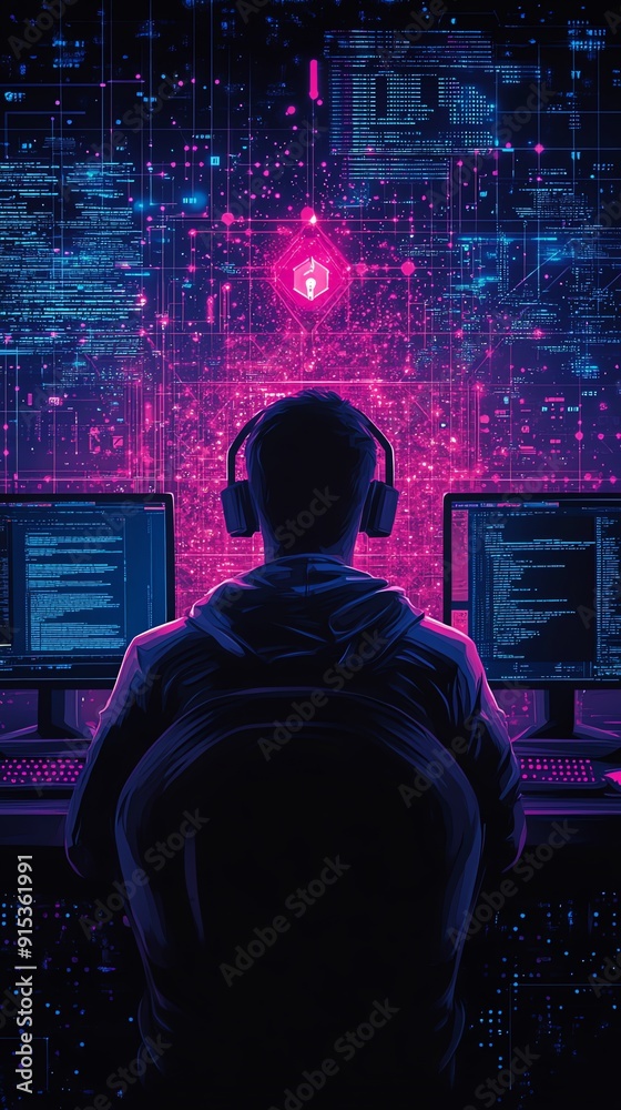 Aufkleber hacker in neon digital world.
