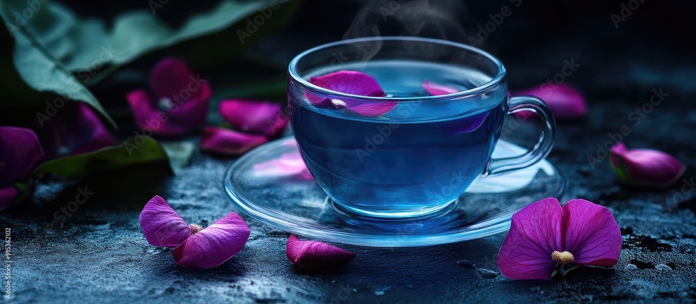 Poster butterfly pea flower tea against a dark backdrop. with copy space image. place for adding text or de