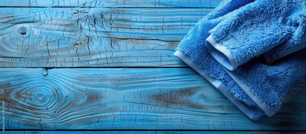 Poster blue towel viewed from above on a wooden blue surface close up with copy space soft blue napkin in c