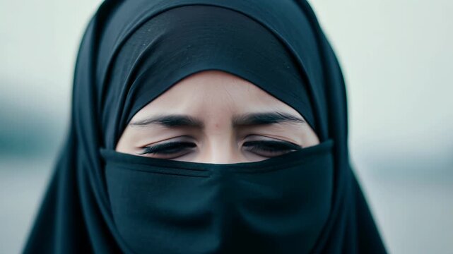 A Muslim woman in a hijab and niqab looks directly at the camera. the focus is on her eyes, conveying a sense of mystery and cultural identity.
Concept: cultural identity Islam