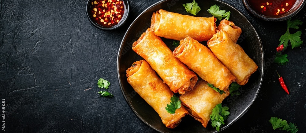 Poster crispy fried potato rolls with chili honey. with copy space image. place for adding text or design