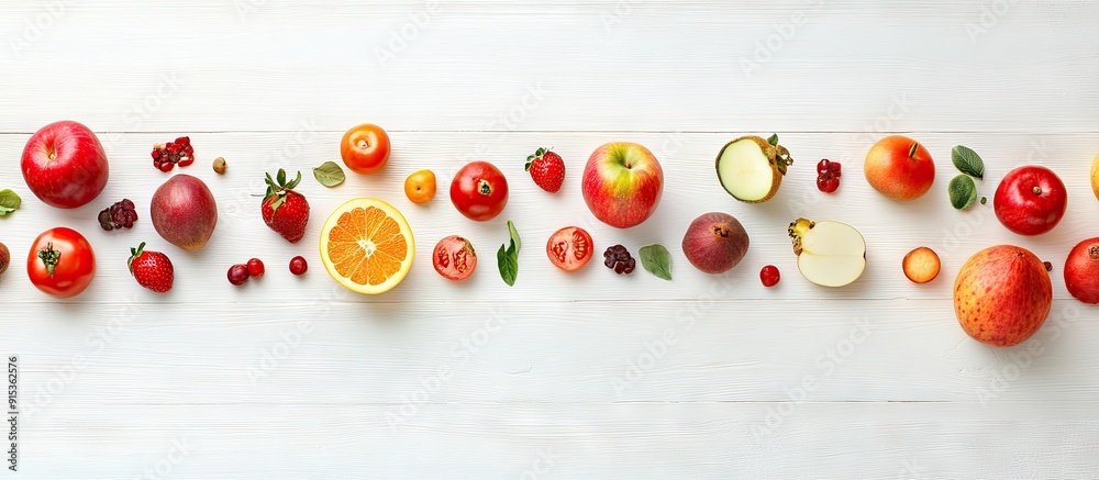 Leinwandbilder fruits and vegetables on a white wooden surface. with copy space image. place for adding text or des