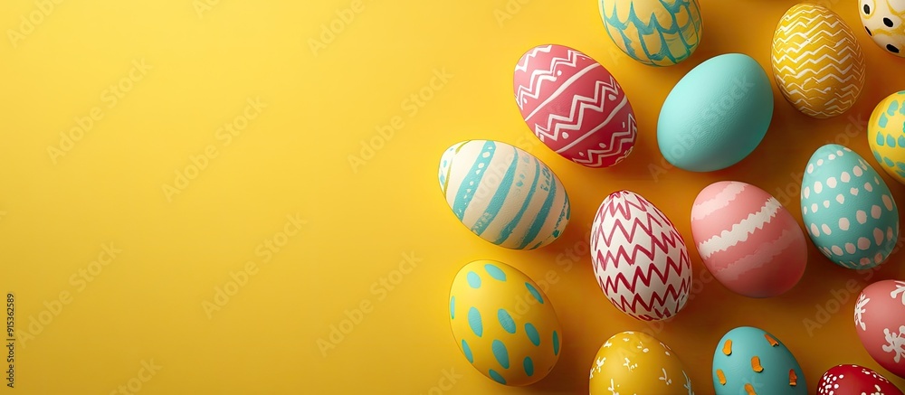 Poster Vibrant Easter eggs on a yellow background top view Room for text. with copy space image. Place for adding text or design
