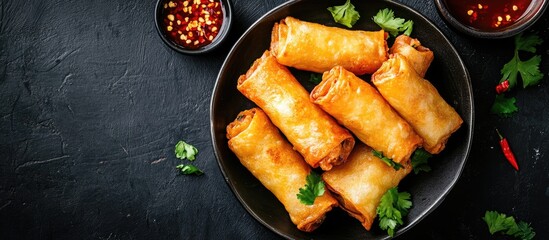 Crispy fried potato rolls with chili honey. with copy space image. Place for adding text or design