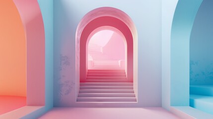 A whimsical abstract archway leading to a stairway in a pastel pink, blue, and orange room.