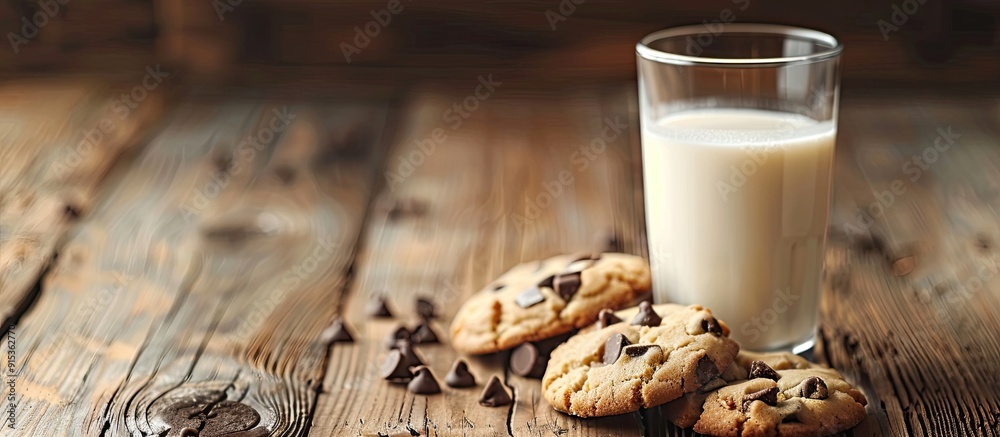 Leinwandbilder glass of milk with chocolate chip cookies set against a backdrop of wooden boards. with copy space i