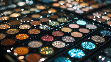 Colorful eyeshadow palettes arranged in a vibrant display showcasing a variety of sparkling shades and textures ready for creative makeup application