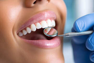 Closeup Dentist with mouth mirror checking for woman patient teeth at dental clinic. Medical teeth care