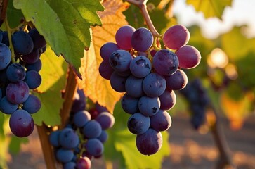 Fototapeta premium Bunch of ripe juicy grapes in the vineyard enlightened by warm sunset light. Beautiful grapevine winery floral photo illustration header. 