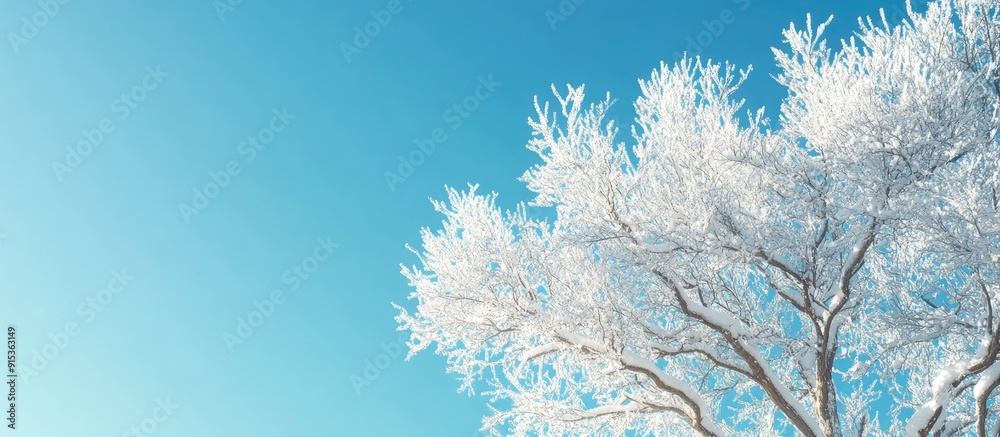 Poster Snow covered winter tree against a blue sky background full frame upward perspective. with copy space image. Place for adding text or design