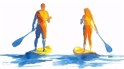 Two individuals paddleboarding on a serene water surface, their reflections vibrant in watercolor hues, creating a peaceful outdoor activity scene captured artistically.