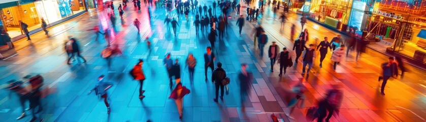 Capture a high-angle view of a bustling cryptocurrency market with vivid color contrasts Highlight various dance forms from an unexpected perspective