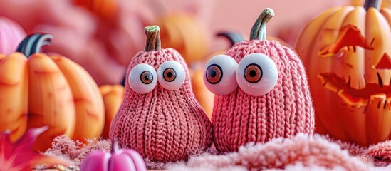 Two knitted pumpkins with eyes are gazing at a spider against a pink background Halloween symbol Vertical view. with copy space image. Place for adding text or design