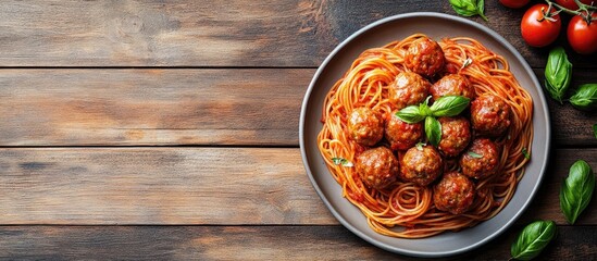 Pasta spaghetti meatballs and tomato sauce Menu concept emphasizing healthy eating Food backdrop top view copyspace for text