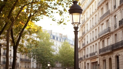 A warm glow from a vintage street lamp highlights historic architecture along a Parisian street framed by autumn leaves