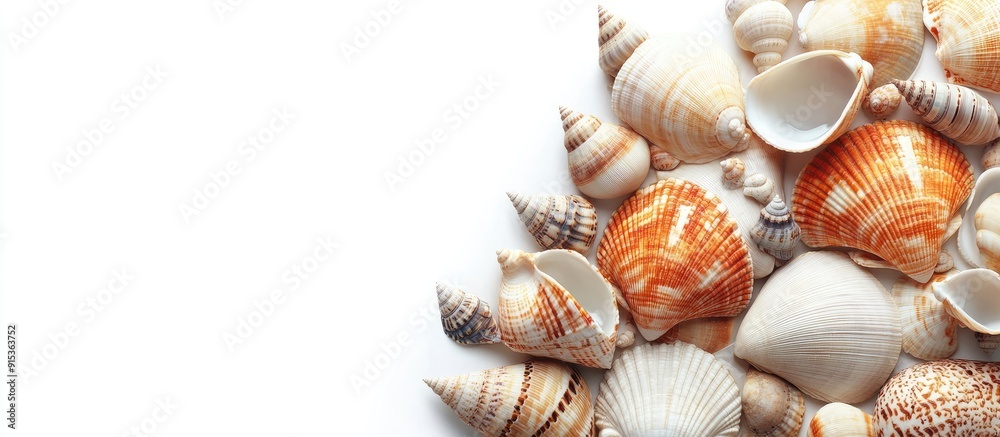 Aufkleber Close up image of sea shells set against a white background. with copy space image. Place for adding text or design