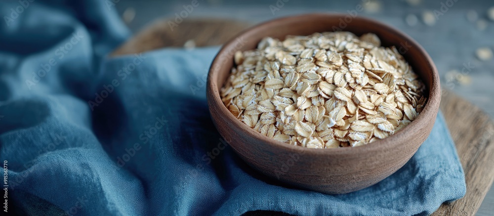 Aufkleber oat flakes in a clay bowl on a blue linen napkin dry rolled oats on wooden boards healthy eating ide