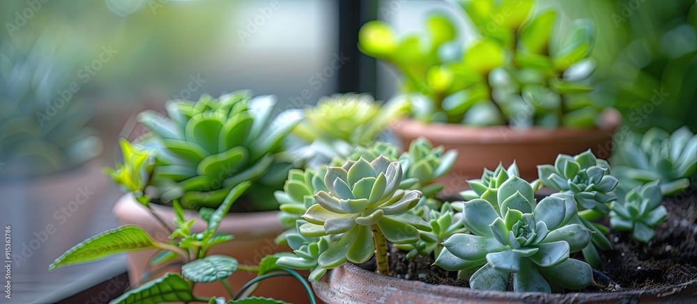 Aufkleber Small succulent plant on a rustic backdrop Selective focus Shallow depth of field. with copy space image. Place for adding text or design