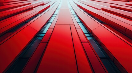 Red modern building facade reflecting sunlight with geometric shapes