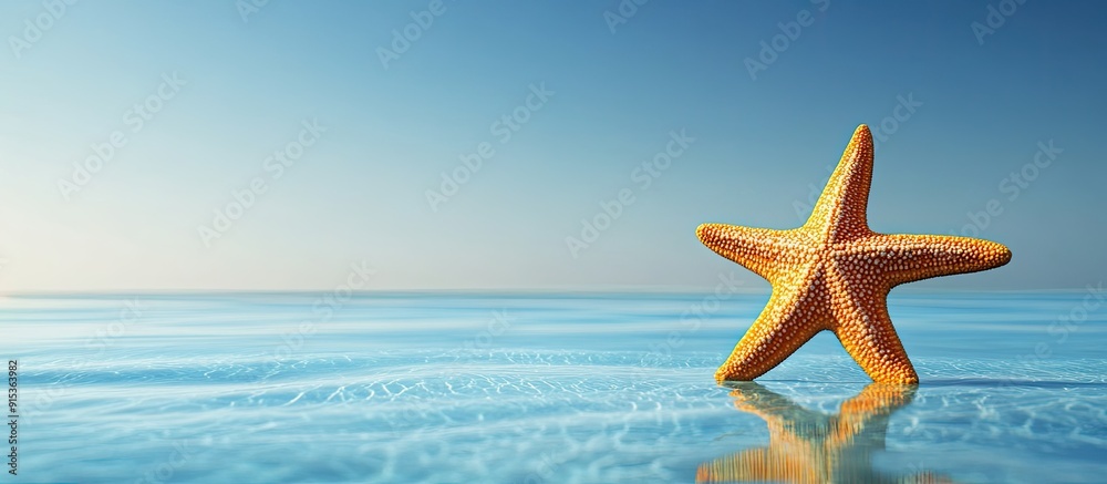 Poster orange starfish isolated against a sea background. with copy space image. place for adding text or d