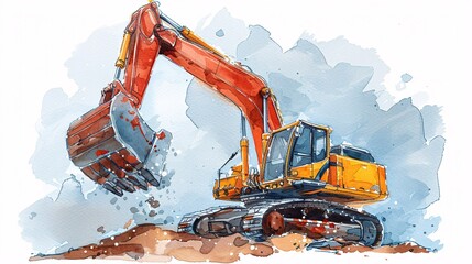 A large yellow and red excavator is shown digging into the brown earth under a cloudy sky, depicted in a vibrant watercolor art style, representing construction and industry.