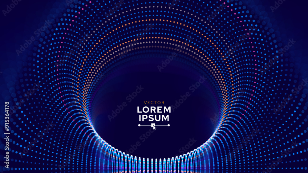 Poster Blue Digital Tunnel or Wormhole. Wireframe Abstract Mesh with Hole. 3D Tunnel Grid Mesh. Blue Hi Tech Texture. Technology or Science Vector Illustation.