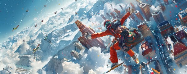 Craft a visually striking digital artwork that blends extreme sports and historical events, featuring a worms-eye view with photorealistic details and impressionism elements