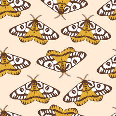 Seamless pattern with autumn cute and cozy design elements. Factory pattern with yellow night butterflies moths in warm colors isolated on beige background