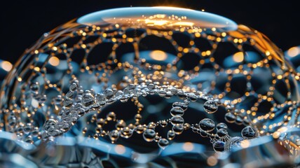 A water droplet magnified to reveal a network of bacterial colonies forming intricate patterns