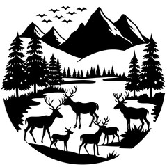 A herd of fallow deer grazing near a forested mountain river black vector