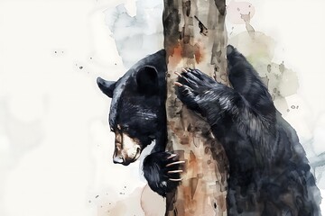 Watercolor Illustration of a Black Bear Climbing a Tree.