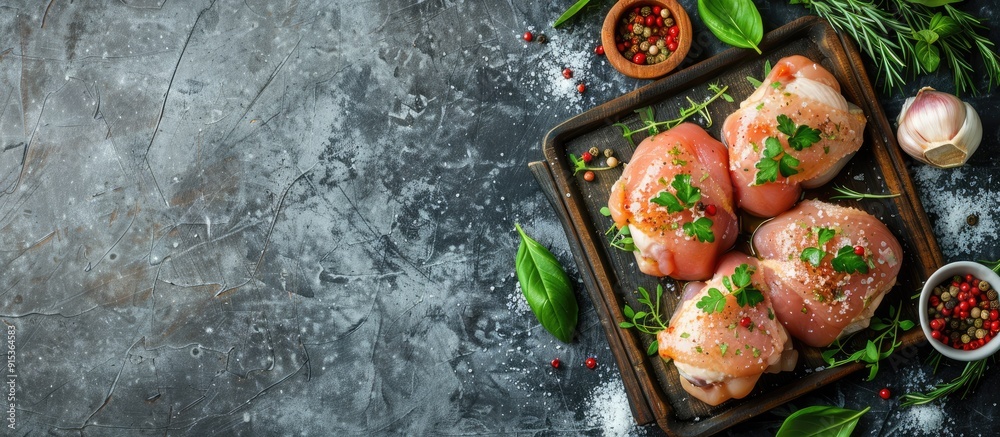 Poster fresh raw chicken thighs and legs on a cutting board with spices being prepared for cooking gray bac