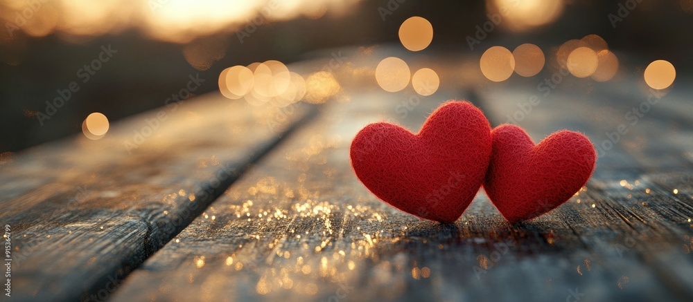 Poster Red felt love hearts on a sparkling wooden plank. with copy space image. Place for adding text or design