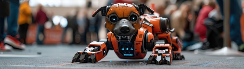 Illustrate a robotic dog causing mayhem at a future tech convention, showcasing a comedic scene with an unconventional low-angle perspective