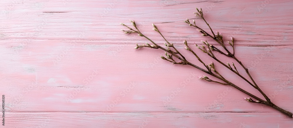 Poster a willow branch on a pink wooden surface. with copy space image. place for adding text or design