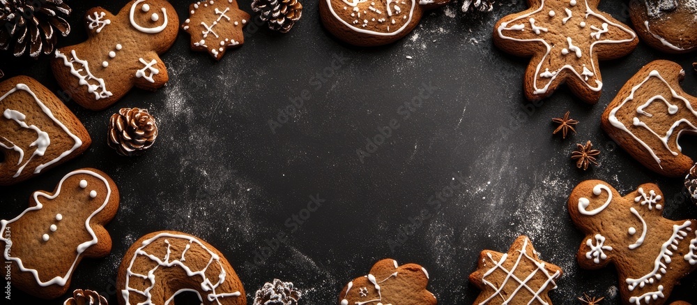 Poster christmas gingerbread border on a black background with space for text in the center christmas theme