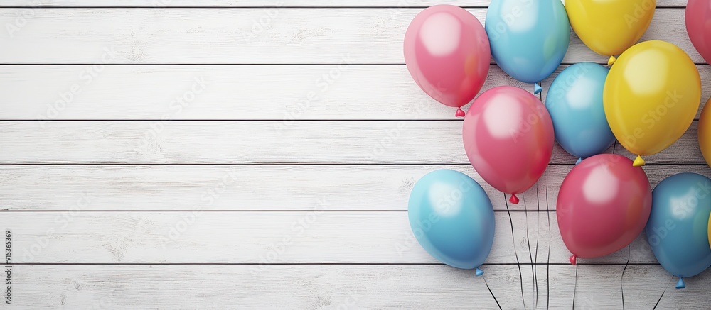 Poster colorful balloons on a wooden surface. with copy space image. place for adding text or design